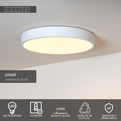 Lucide UNAR - Lámpara de techo - Ø 39,5 cm - LED 3 StepDim - 1x24W 2700K - Blanco